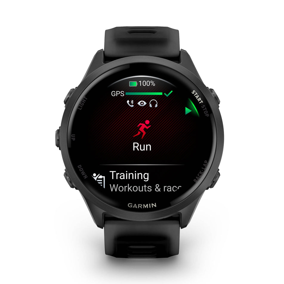 A Garmin Forerunner 570 in the 47mm case size. Slate Grey Aluminium with Translucent Black/Black Band. Run start screen. (8692375322786)