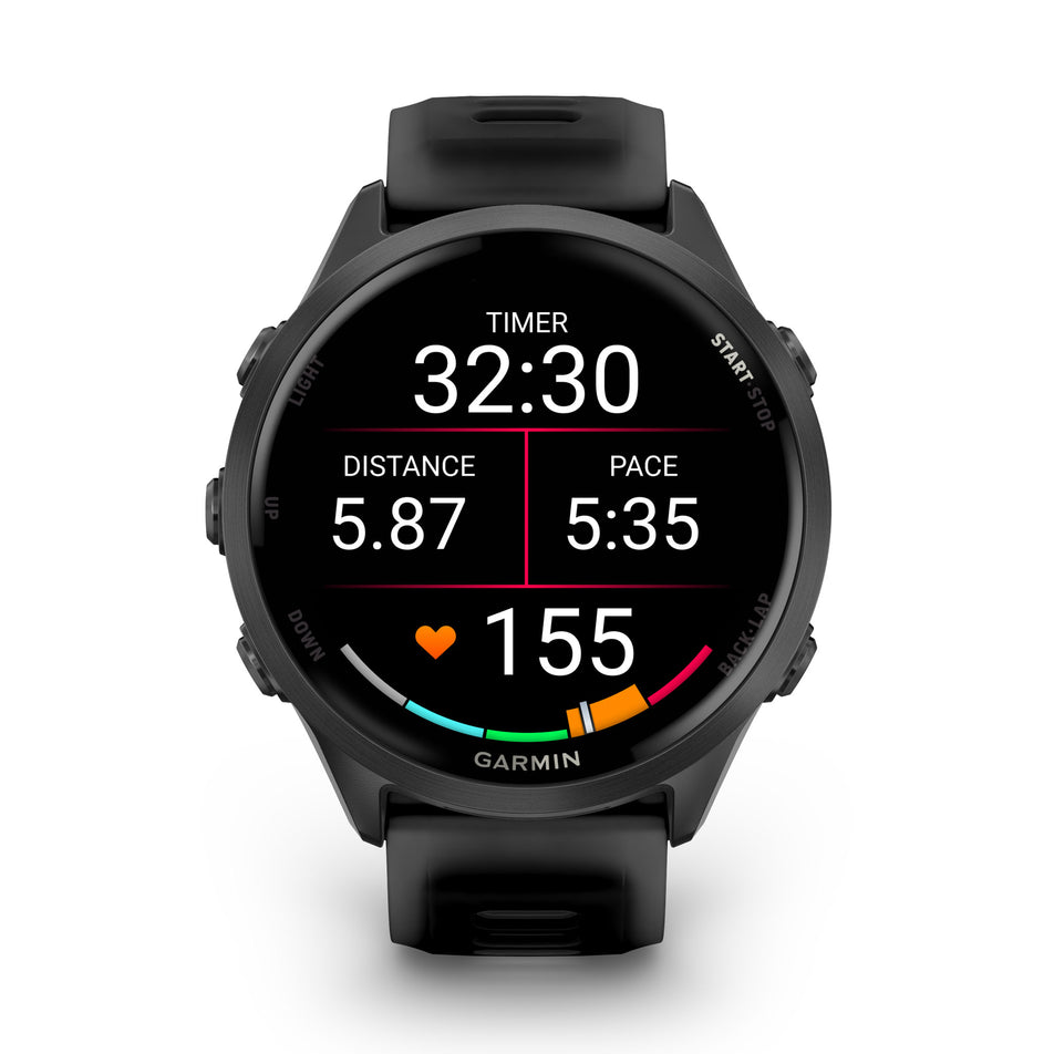 A Garmin Forerunner 570 in the 47mm case size. Slate Grey Aluminium with Translucent Black/Black Band. Mid-activity stats screen. (8692375322786)