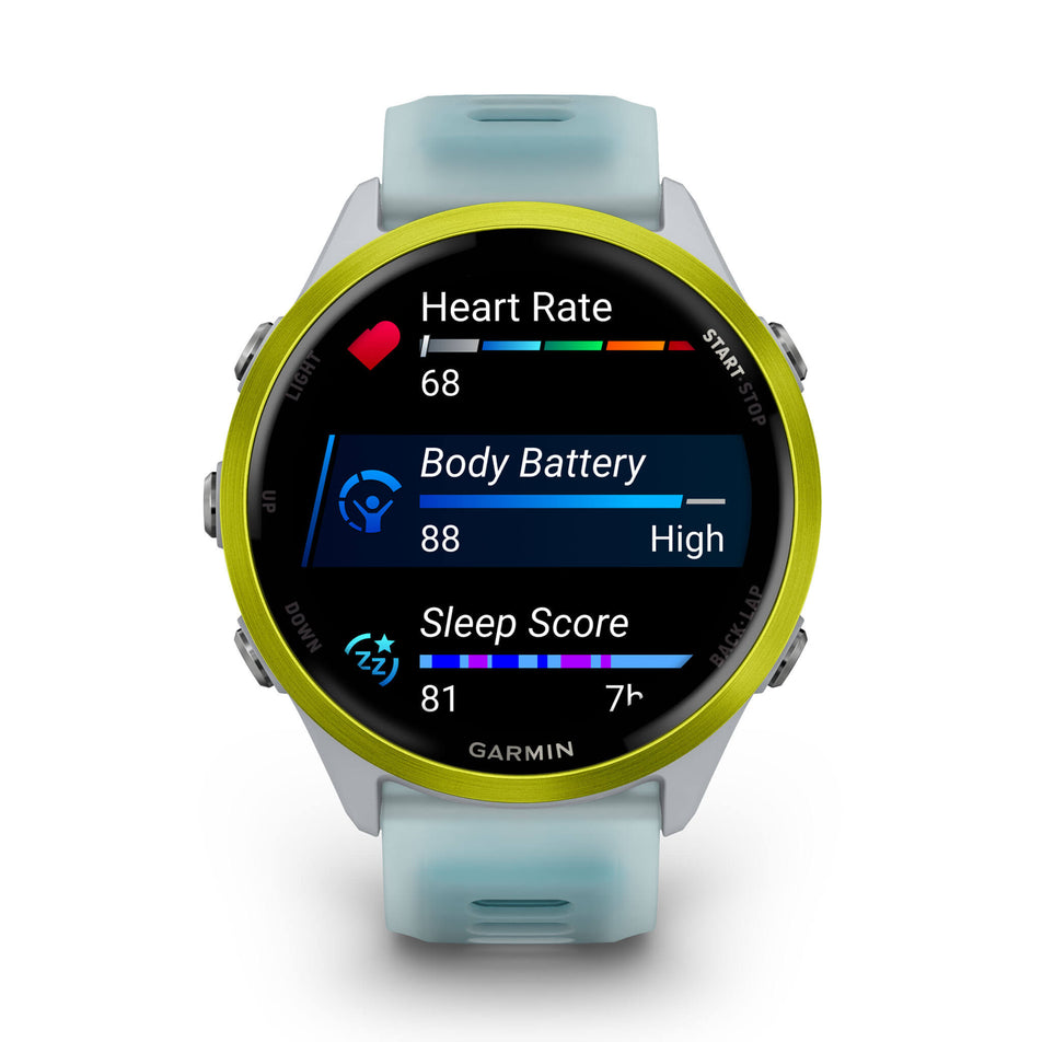 A Garmin Forerunner 570 in the 47mm case size. Amp Yellow Aluminium with Translucent Whitestone/Turquoise Band. Metrics/stats screen. (8692386529442)