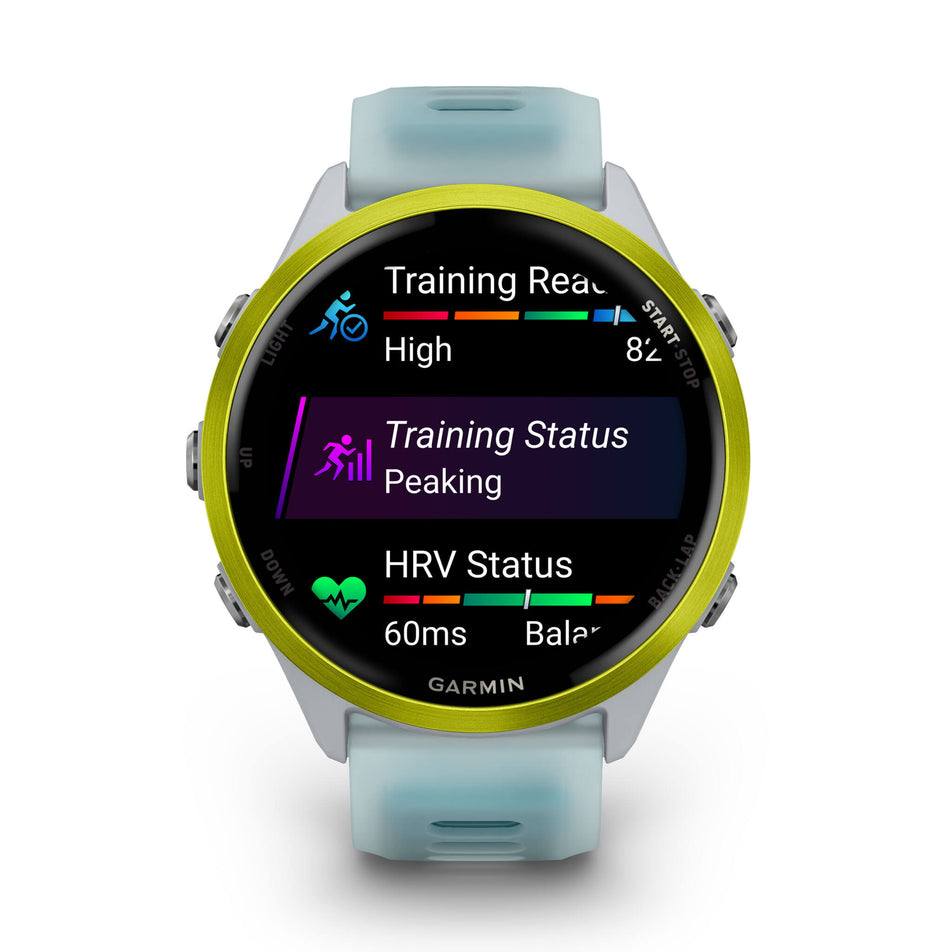 A Garmin Forerunner 570 in the 47mm case size. Amp Yellow Aluminium with Translucent Whitestone/Turquoise Band. Metrics/stats screen. (8692386529442)