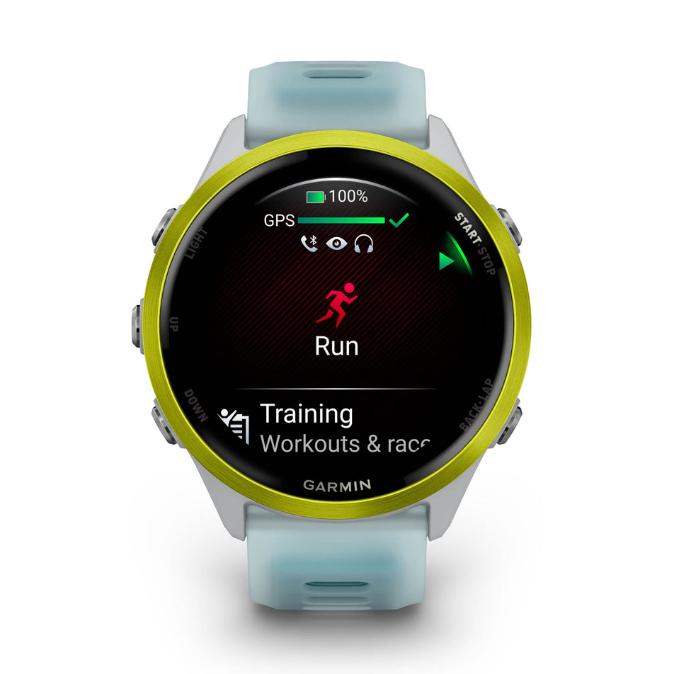 A Garmin Forerunner 570 in the 47mm case size. Amp Yellow Aluminium with Translucent Whitestone/Turquoise Band. Run start screen. (8692386529442)