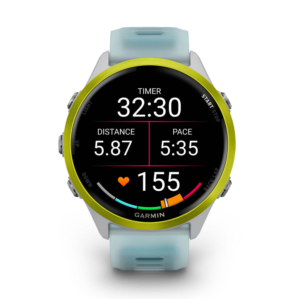 A Garmin Forerunner 570 in the 47mm case size. Amp Yellow Aluminium with Translucent Whitestone/Turquoise Band. Mid-activity stats screen. (8692386529442)