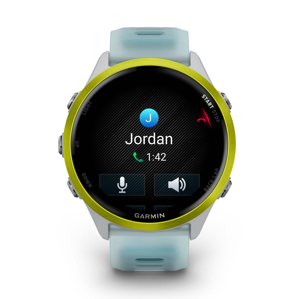 A Garmin Forerunner 570 in the 47mm case size. Amp Yellow Aluminium with Translucent Whitestone/Turquoise Band. Phone call screen. (8692386529442)