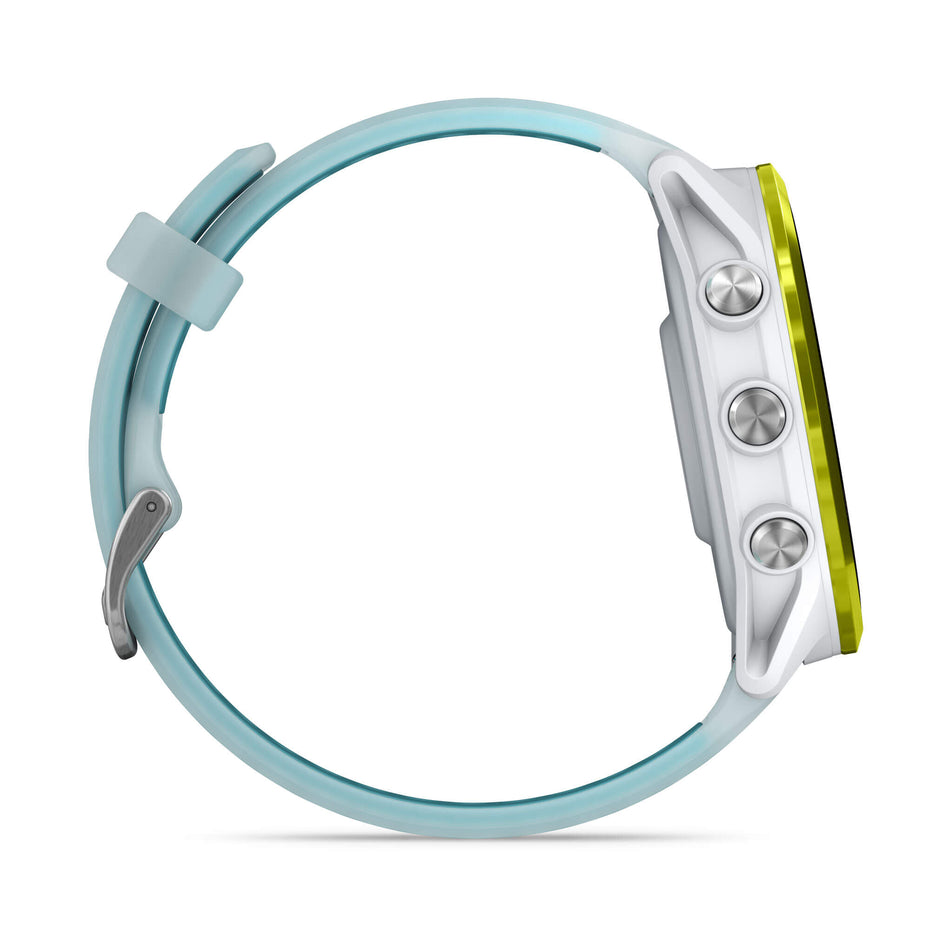 A Garmin Forerunner 570 in the 47mm case size. Amp Yellow Aluminium with Translucent Whitestone/Turquoise Band. Side of watch. (8692386529442)