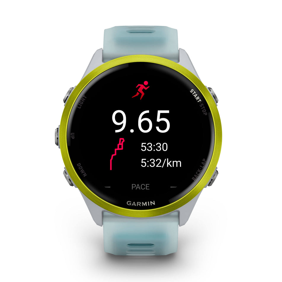 A Garmin Forerunner 570 in the 47mm case size. Amp Yellow Aluminium with Translucent Whitestone/Turquoise Band. Post-run stats screen. (8692386529442)