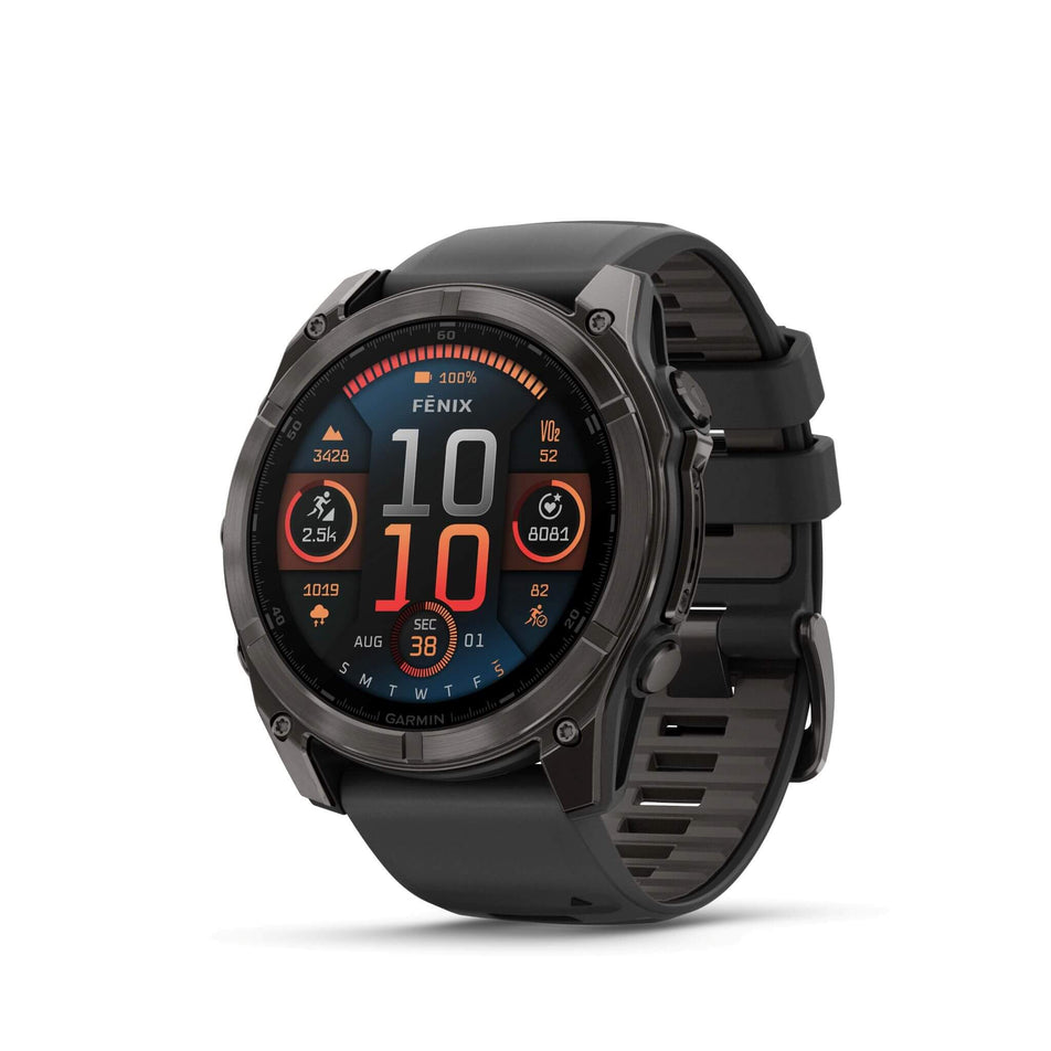A Garmin fēnix 8 in the 51mm case size. Carbon grey DLC with Black/pebble grey silicone band. Main screen.