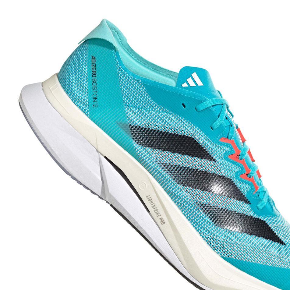 Lateral side of the first two-thirds of the right shoe from a pair of adidas Men's Adizero Boston 12 Running Shoes in the Lucid Cyan/Core Black/Flash Aqua colourway (8033803698338)
