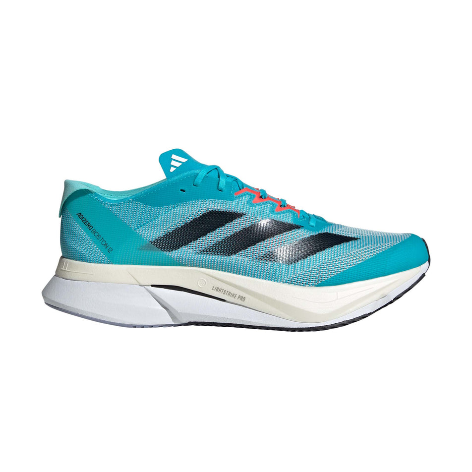 Lateral side of the right shoe from a pair of adidas Men's Adizero Boston 12 Running Shoes in the Lucid Cyan/Core Black/Flash Aqua colourway (8033803698338)