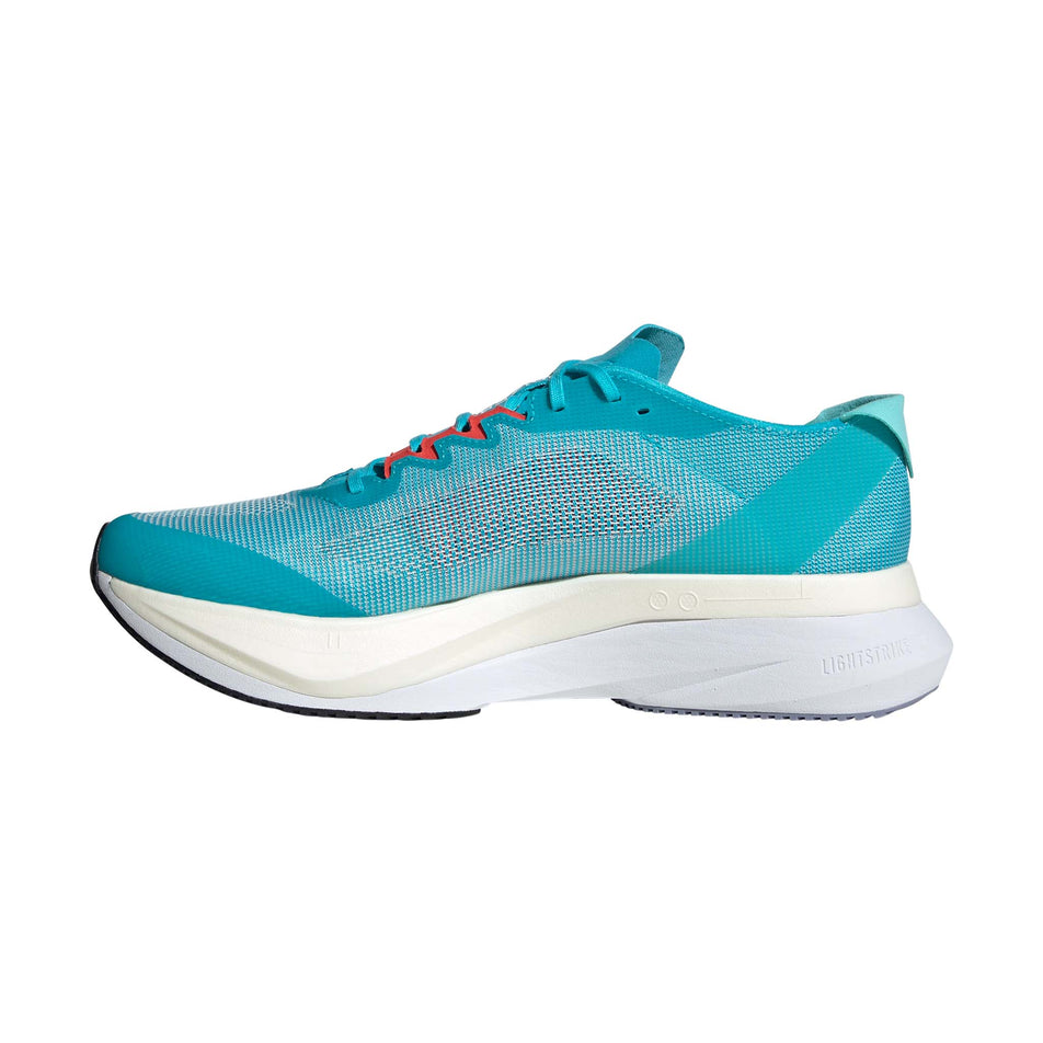 Medial side of the right shoe from a pair of adidas Men's Adizero Boston 12 Running Shoes in the Lucid Cyan/Core Black/Flash Aqua colourway (8033803698338)