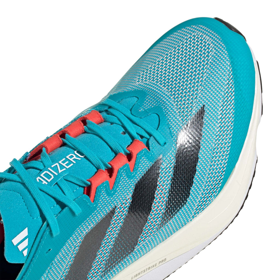 Front two-thirds of the upper of the right shoe from a pair of adidas Men's Adizero Boston 12 Running Shoes in the Lucid Cyan/Core Black/Flash Aqua colourway (8033803698338)