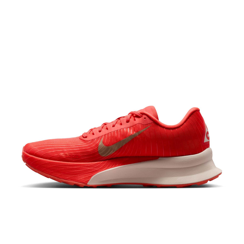 Medial view of the right shoe from a pair of Nike Unisex ACG Ultrafly Trail Racing Shoes in the Light Crimson/Pure Platinum-Summit White colourway.