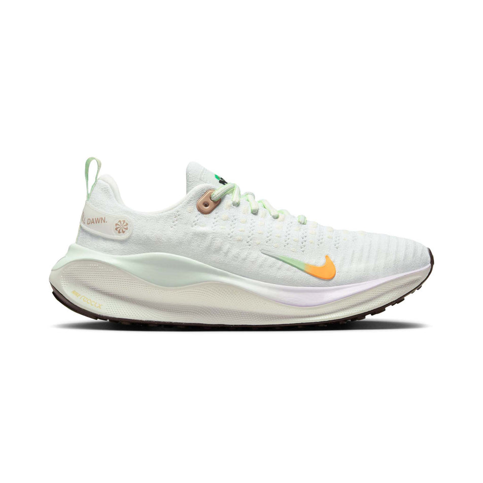 Lateral side of the right shoe from a pair of Nike Women's InfinityRN 4 Road Running Shoes in the White/Multi-Color-Sail-Vapor Green colourway (8215818895522)