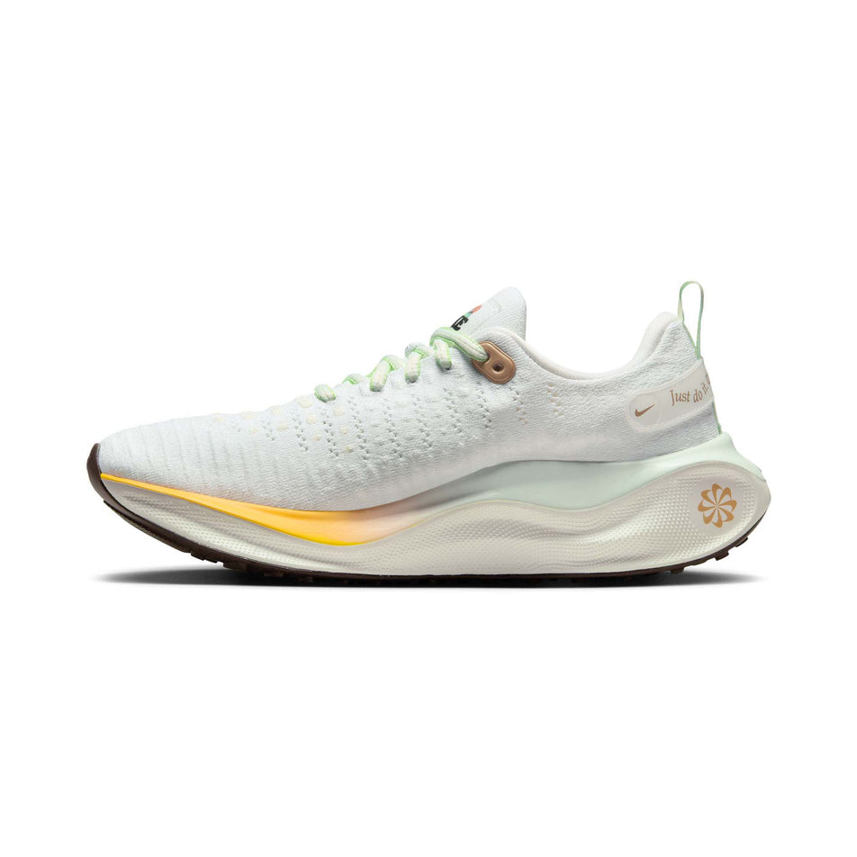 Medial side of the right shoe from a pair of Nike Women's InfinityRN 4 Road Running Shoes in the White/Multi-Color-Sail-Vapor Green colourway (8215818895522)