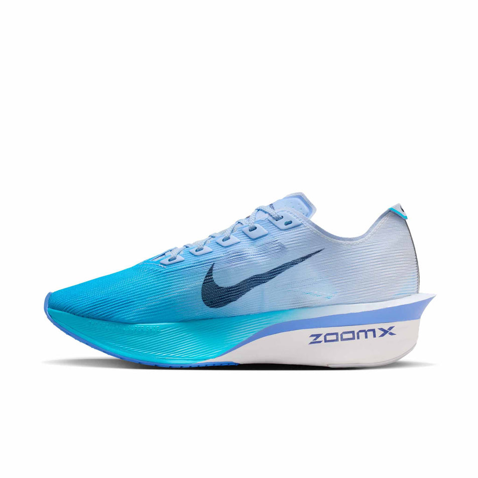 Medial view of the right shoe from a pair of Nike Women's Vaporfly 4 Road Racing Shoes in the White/Midnight Navy-Hydrogen Blue colourway.