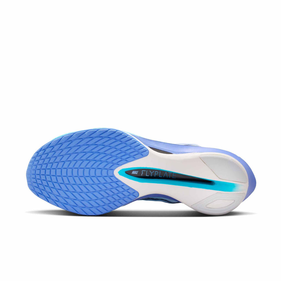 The outsole of the left shoe from a pair of Nike Women's Vaporfly 4 Road Racing Shoes in the White/Midnight Navy-Hydrogen Blue colourway.