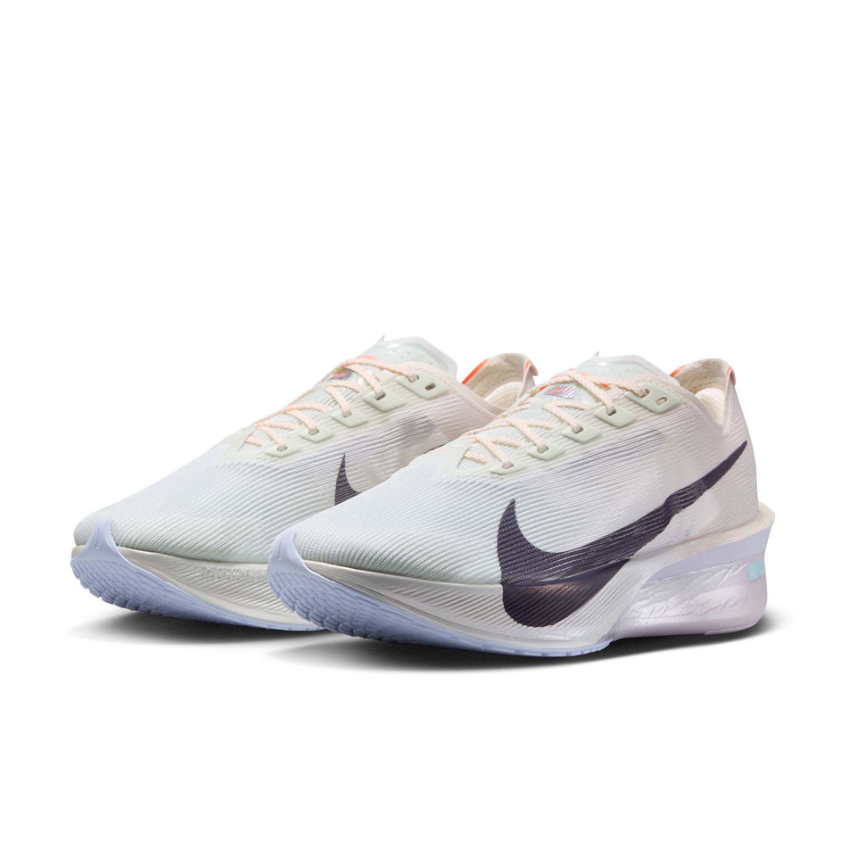 A pair of Nike Women's Vaporfly 4 Road Racing Shoes in the Barely Green/Purple Dynasty-Chalk colourway.