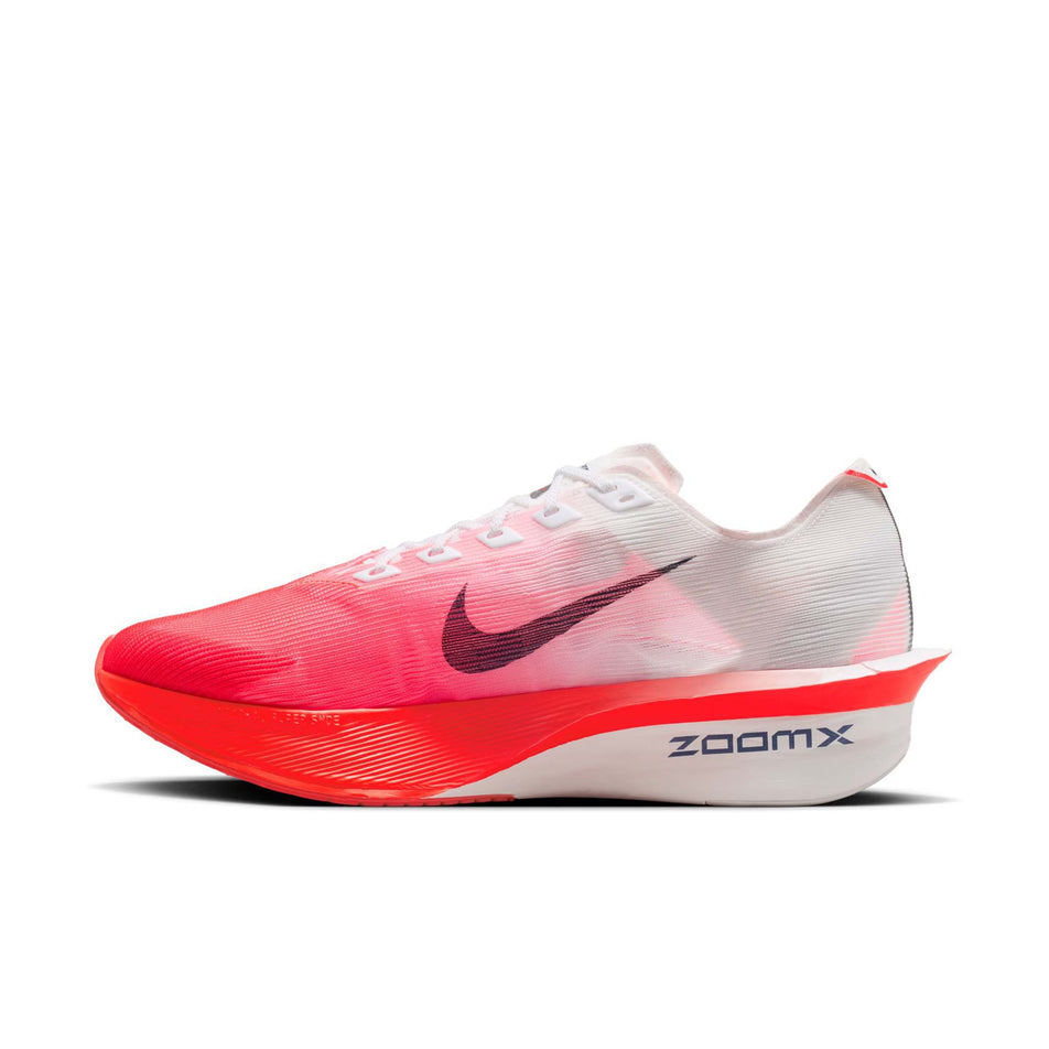 Medial view of the right shoe from a pair of Nike Men's Vaporfly 4 Road Racing Shoes in the White/Midnight Navy-Bright Crimson colourway.