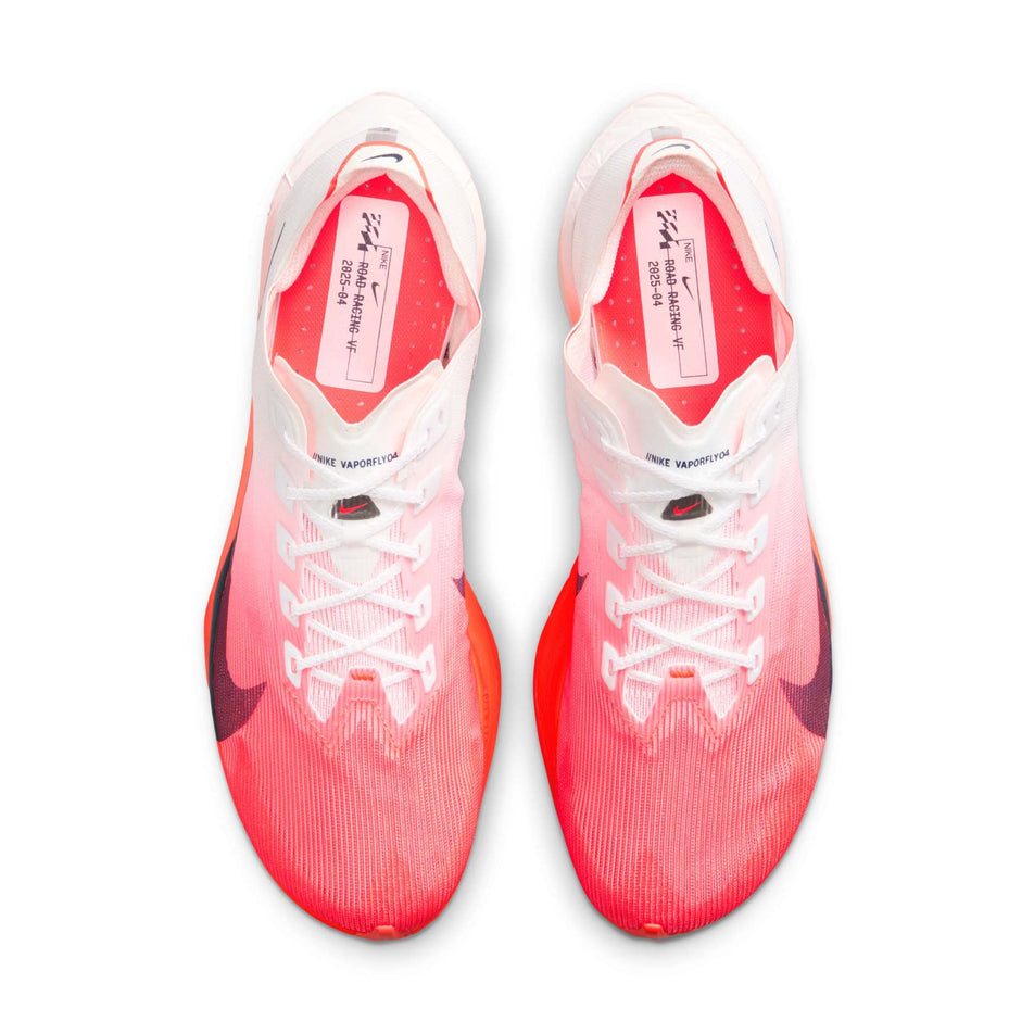 The uppers of a pair of Nike Men's Vaporfly 4 Road Racing Shoes in the White/Midnight Navy-Bright Crimson colourway.