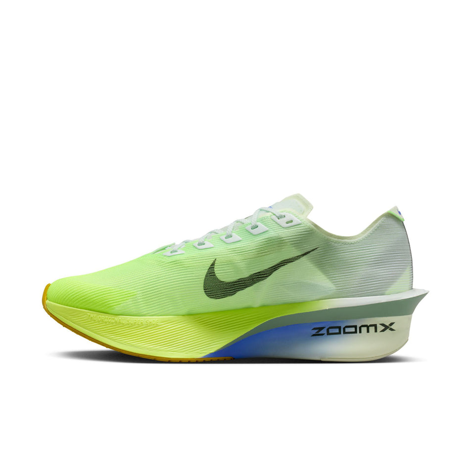 Medial view of the right shoe from a pair of Nike Men's Vaporfly 4 Road Racing Shoes in the Barely Green/Black Spruce-Volt Tint colourway.