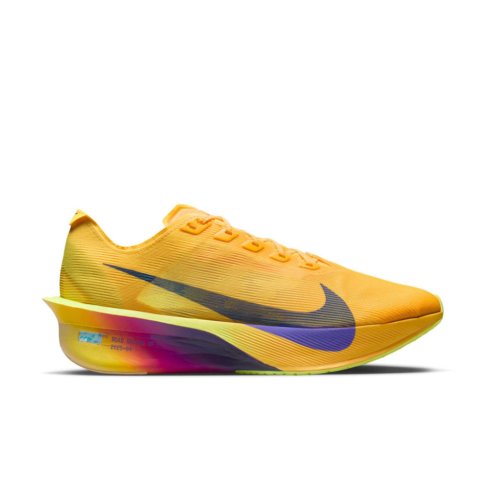 Lateral view of the right shoe from a pair of Nike Men's Vaporfly 4 Road Racing Shoes in the Citron Pulse/Indigo Burst-Laser Orange colourway.