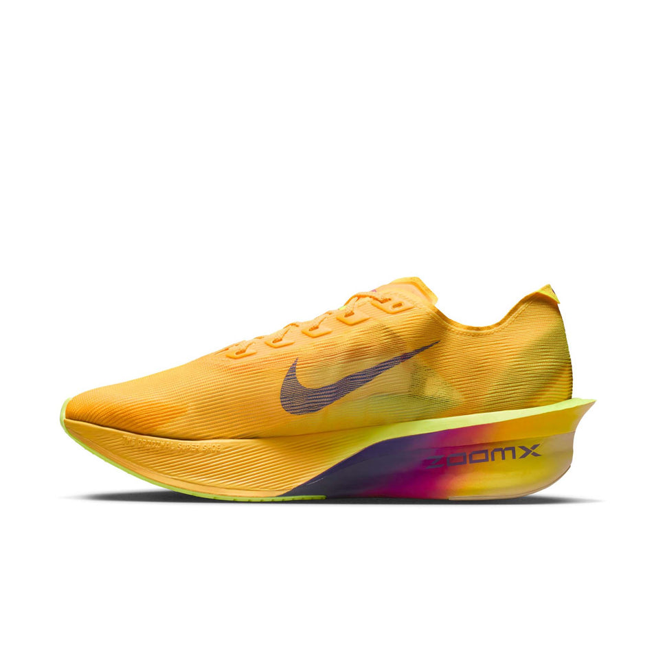 Medial view of the right shoe from a pair of Nike Men's Vaporfly 4 Road Racing Shoes in the Citron Pulse/Indigo Burst-Laser Orange colourway.