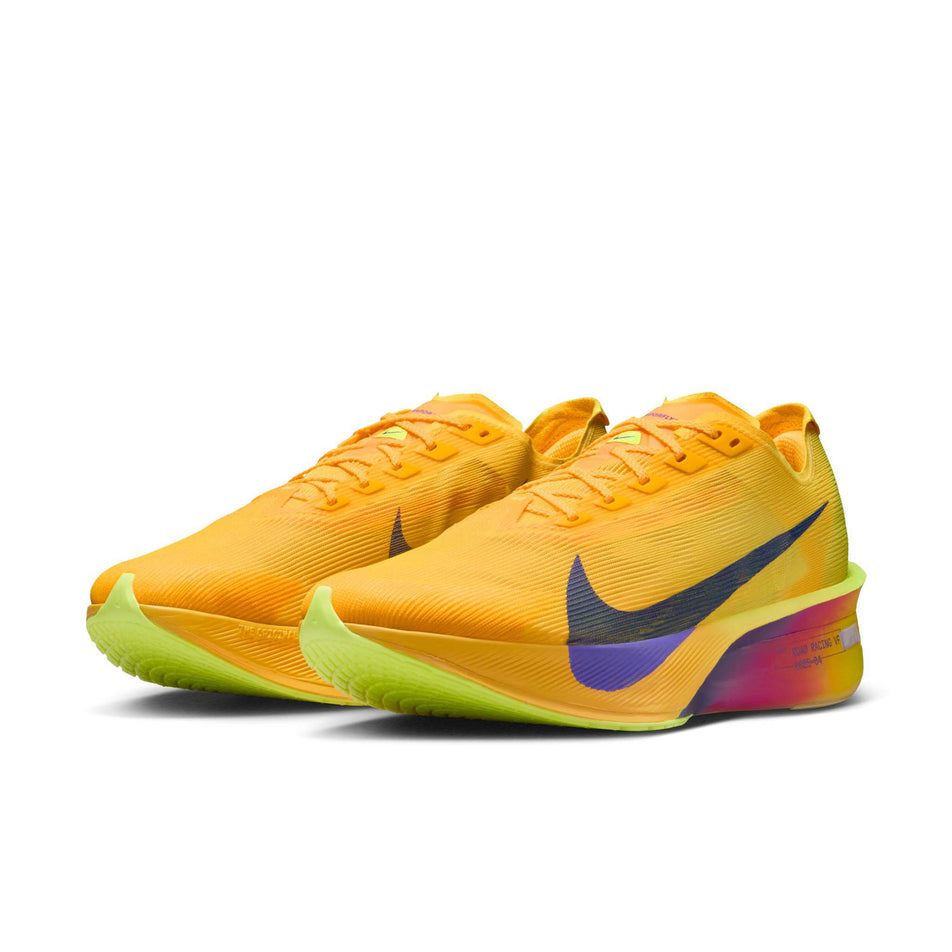 A pair of Nike Men's Vaporfly 4 Road Racing Shoes in the Citron Pulse/Indigo Burst-Laser Orange colourway.