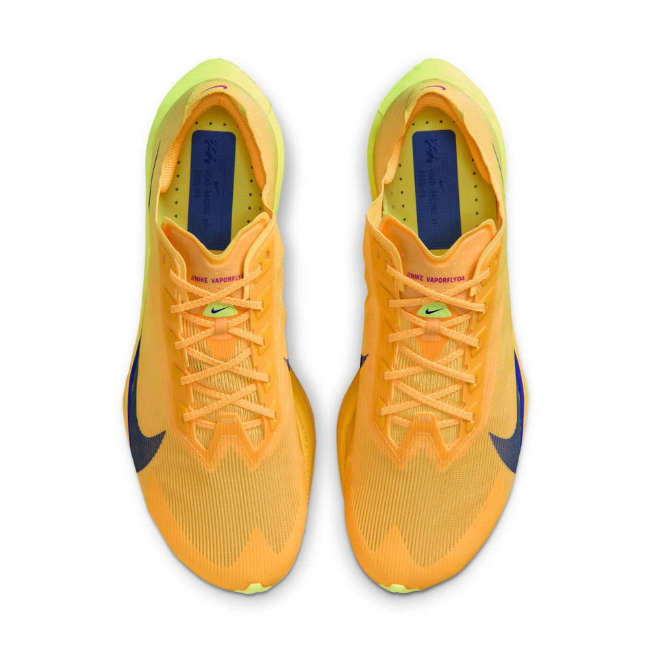 The uppers of a pair of Nike Men's Vaporfly 4 Road Racing Shoes in the Citron Pulse/Indigo Burst-Laser Orange colourway.