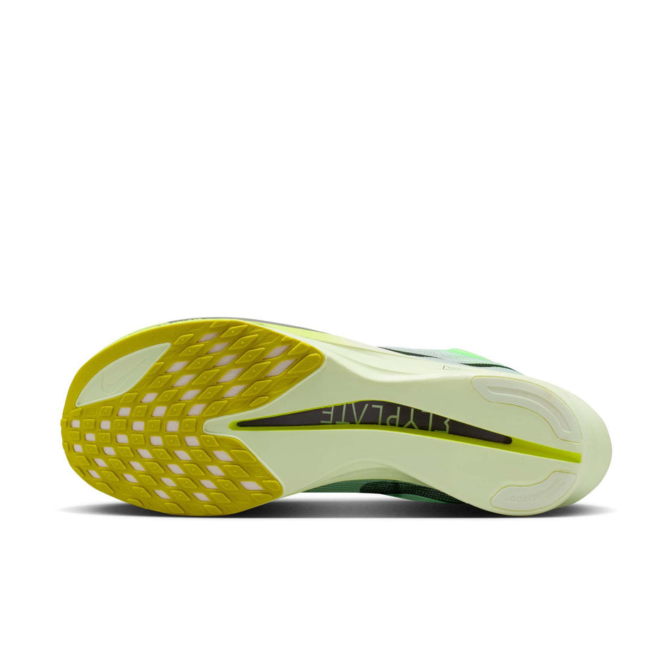 The outsole of the left shoe from a pair of Nike Men's Streakfly 2 Road Racing Shoes in the Barely Green/Black Spruce-Volt Ice colourway.