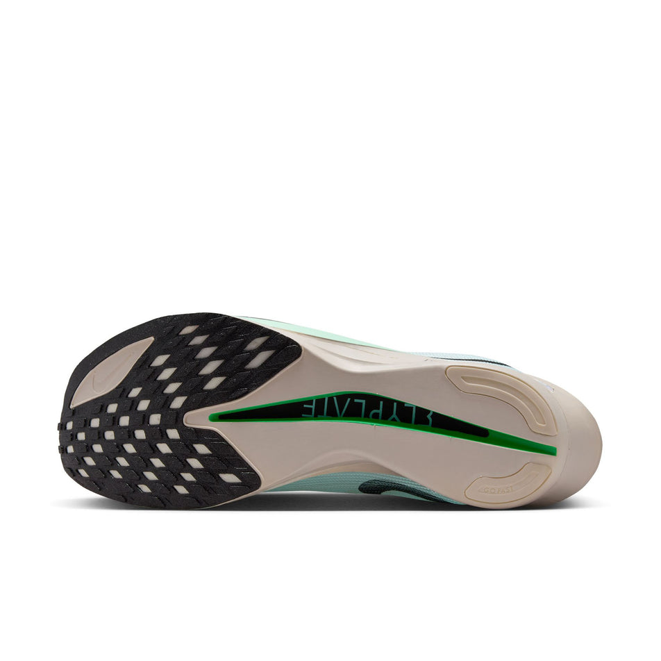 The outsole of the left shoe from a pair of Nike Men's Streakfly 2 Road Racing Shoes in the Glacier Blue/Black-Mint Foam colourway. (8683259429026)
