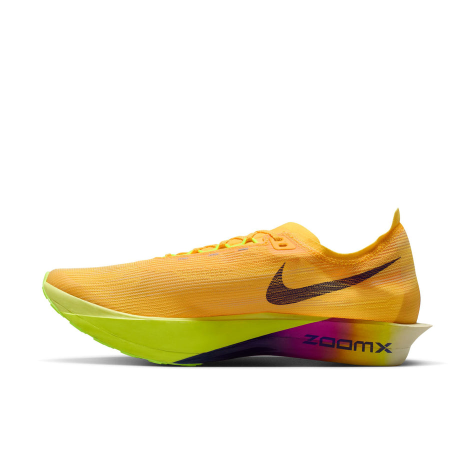 Medial view of the right shoe from a pair of Nike Men's Streakfly 2 Road Racing Shoes in the Citron Pulse/Indigo Burst-Volt Ice colourway.