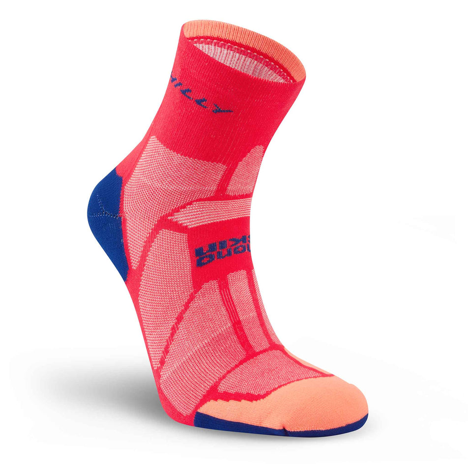 Lateral view of the right sock from a pair of Hilly Unisex Marathon Fresh Anklet Running Socks in the Hot Pink/Blue colourway.