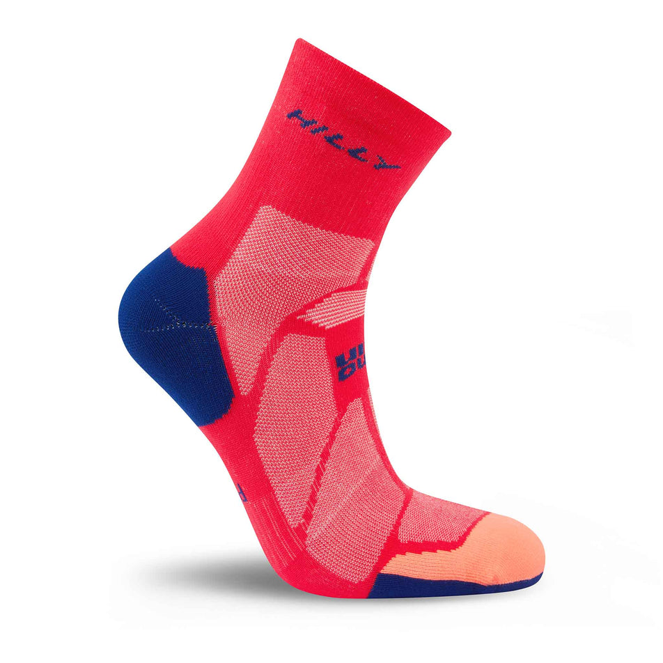 Lateral view of the right sock from a pair of Hilly Unisex Marathon Fresh Anklet Running Socks in the Hot Pink/Blue colourway.
