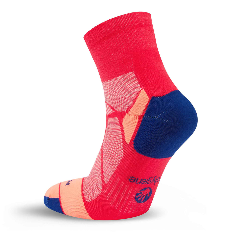 Medial view of the right sock from a pair of Hilly Unisex Marathon Fresh Anklet Running Socks in the Hot Pink/Blue colourway.