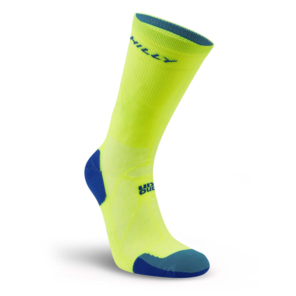 Lateral view of the right sock from a pair of Hilly Unisex Marathon Fresh Crew Running Socks in the Fluo Yellow/Royal Blue colourway.