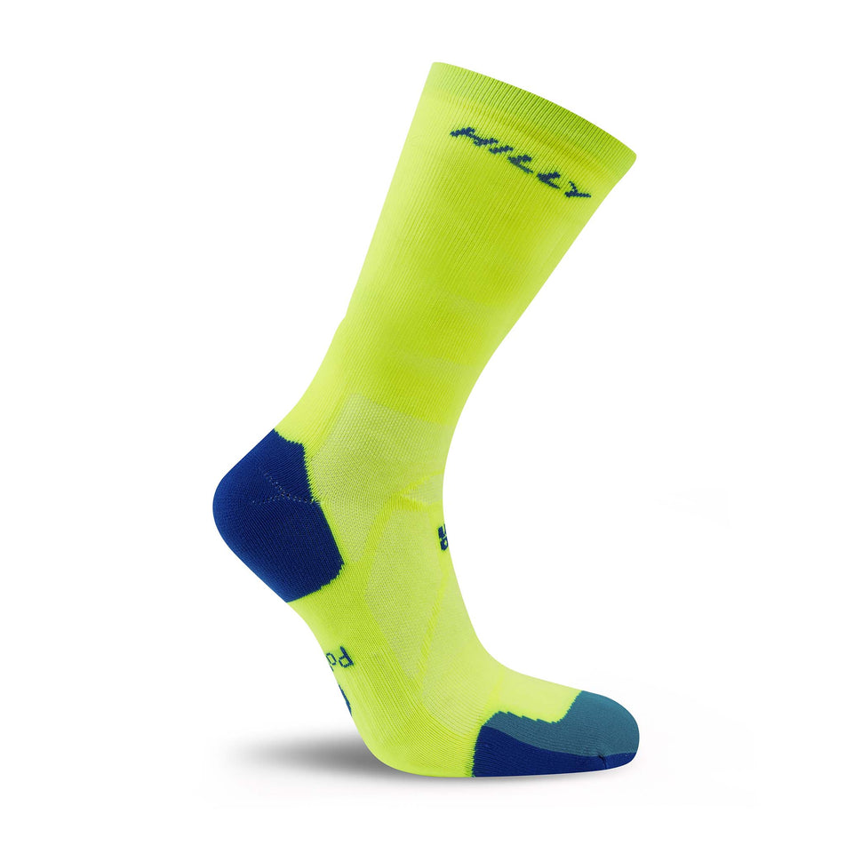 Lateral view of the right sock from a pair of Hilly Unisex Marathon Fresh Crew Running Socks in the Fluo Yellow/Royal Blue colourway.