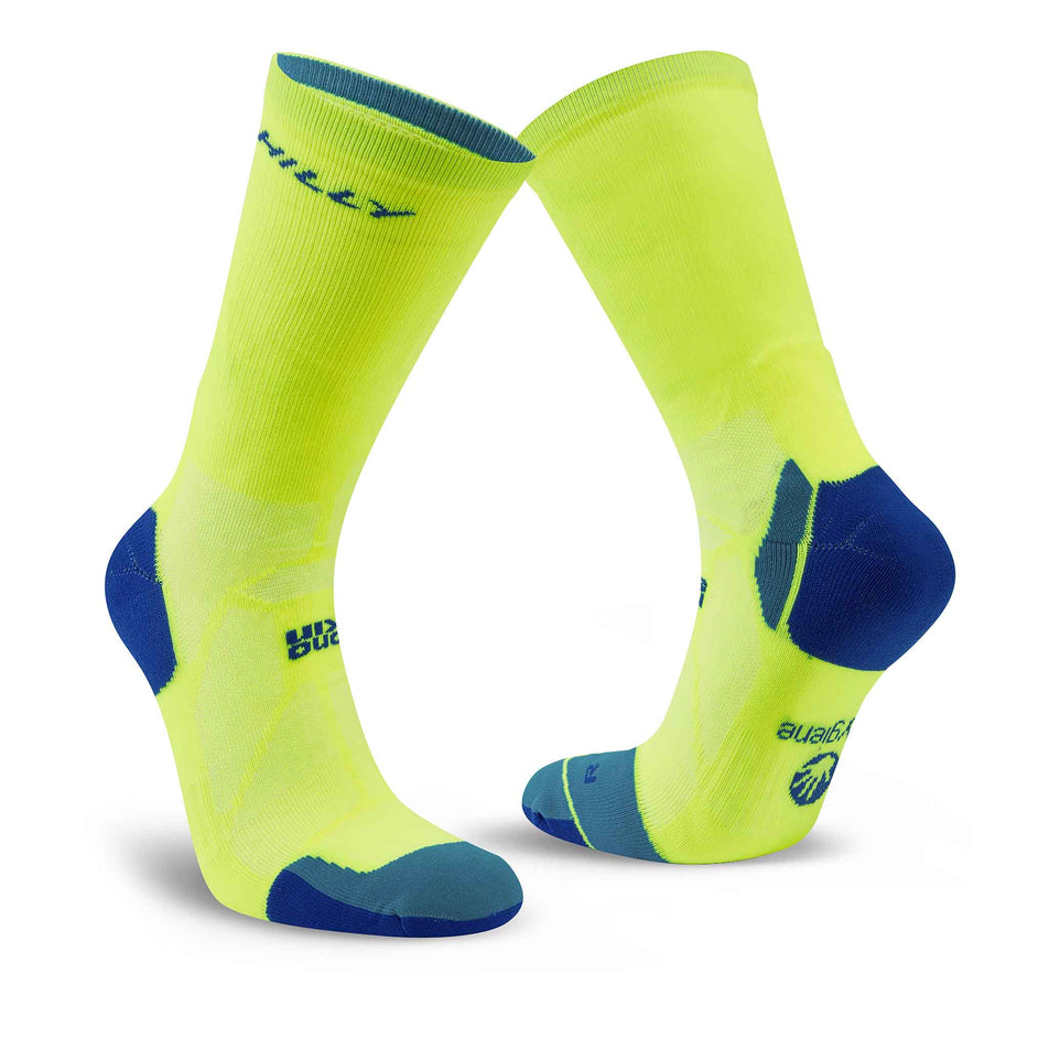 A pair of Hilly Unisex Marathon Fresh Crew Running Socks in the Fluo Yellow/Royal Blue colourway.