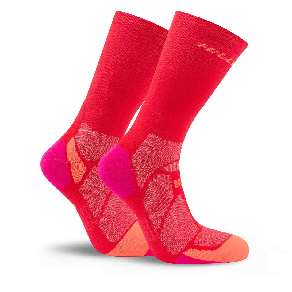 Apair of Hilly Unisex Marathon Fresh Crew Running Socks in the Hot Pink/Neon Candy colourway.