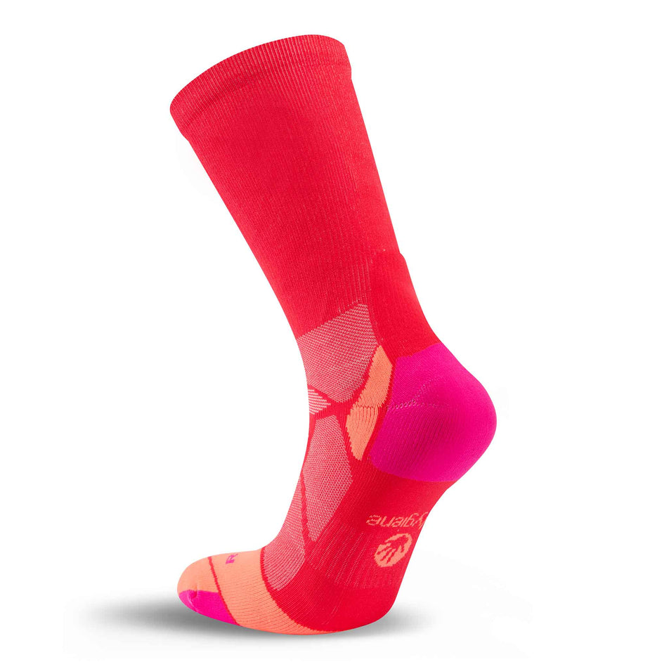 Medial view of the right sock from a pair of Hilly Unisex Marathon Fresh Crew Running Socks in the Hot Pink/Neon Candy colourway.