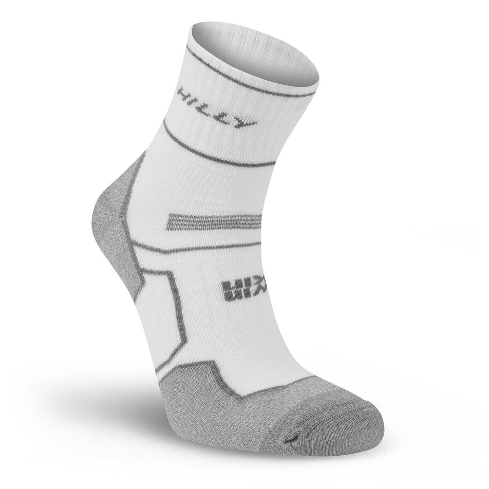 Lateral view of the right sock from a pair of Hilly Unisex Twin Skin Anklet Running Socks in the White/Grey Marl colourway.