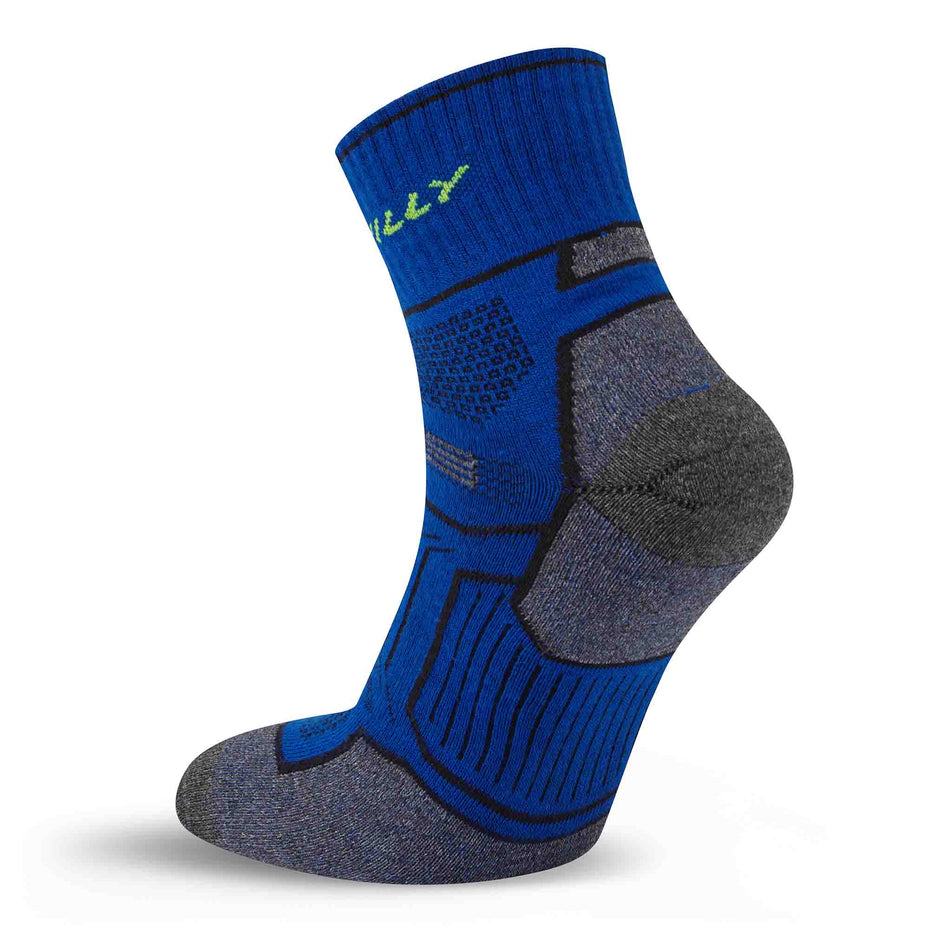 Medial view of the right sock from pair of Hilly Unisex Twin Skin Anklet Running Socks in the Cobalt/Grey Marl colourway.