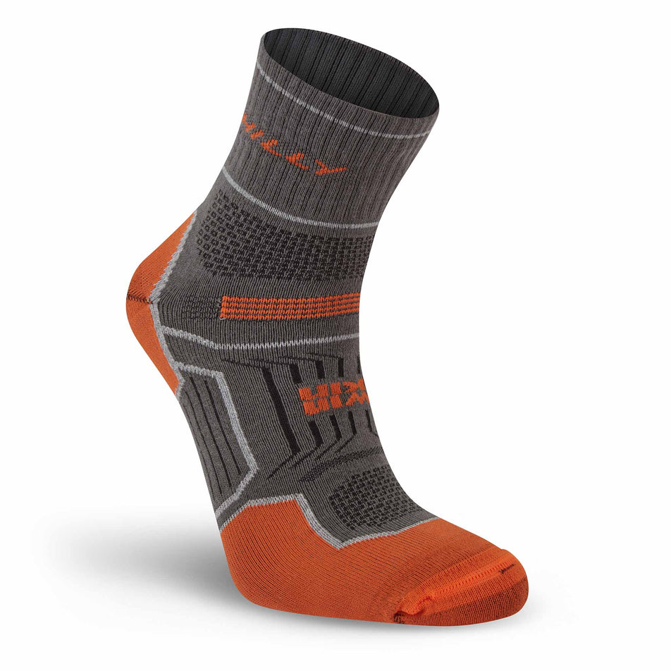 Lateral view of the right sock from a pair of Hilly Unisex Twin Skin Anklet Running Socks in the Dark Grey/Orange colourway.