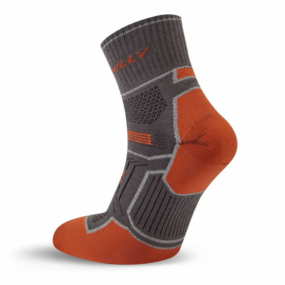 Medial view of the right sock from a pair of Hilly Unisex Twin Skin Anklet Running Socks in the Dark Grey/Orange colourway.