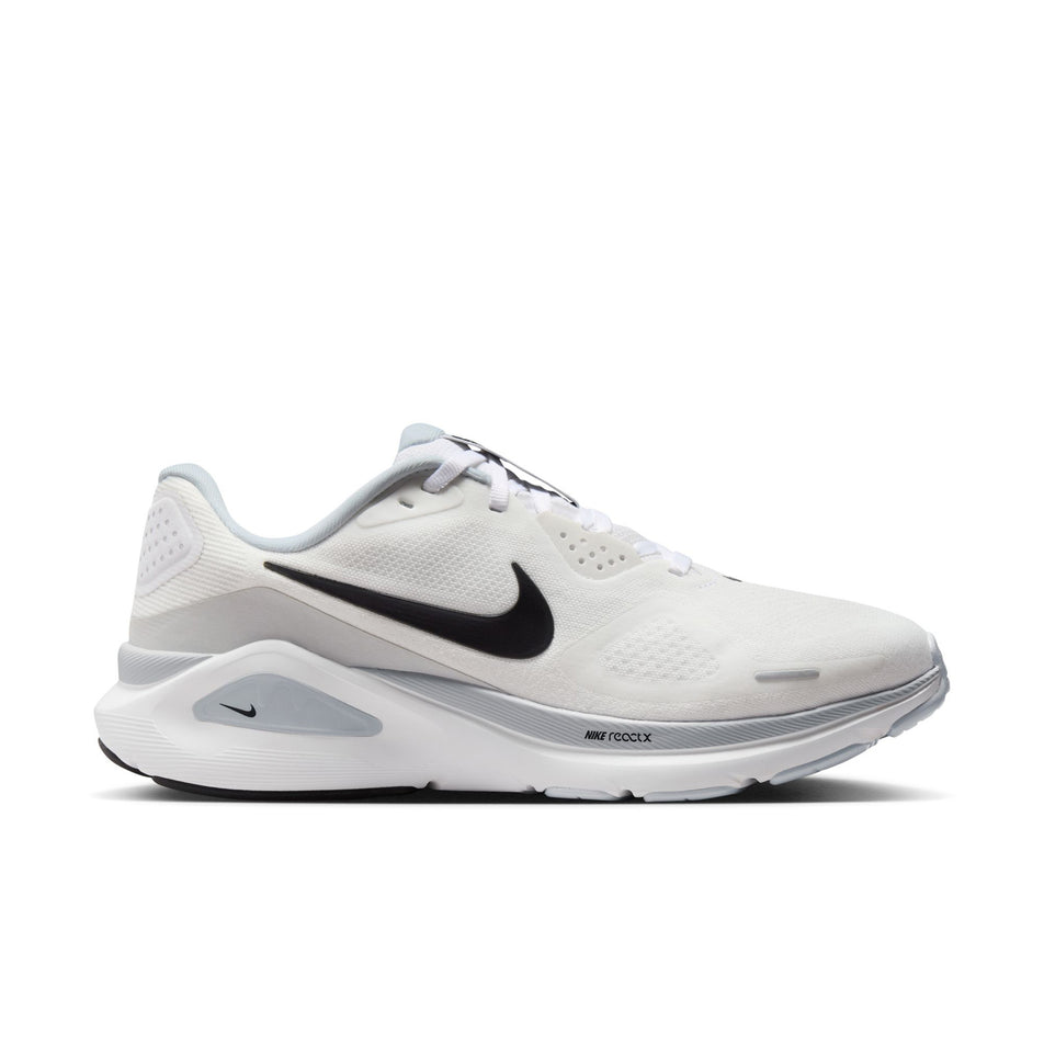 Lateral view of the right shoe from a pair of Nike Women's Structure 26 Road Running Shoes in the White/Black-Pure Platinum colourway.