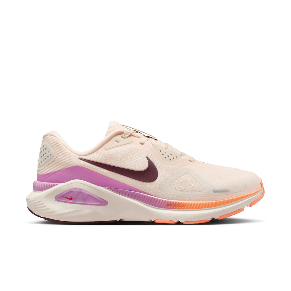 Lateral view of the right shoe from a pair of Nike Women's Structure 26 Road Running Shoes in the Chalk/Tattoo-Light Magenta-Orange Pulse colourway.