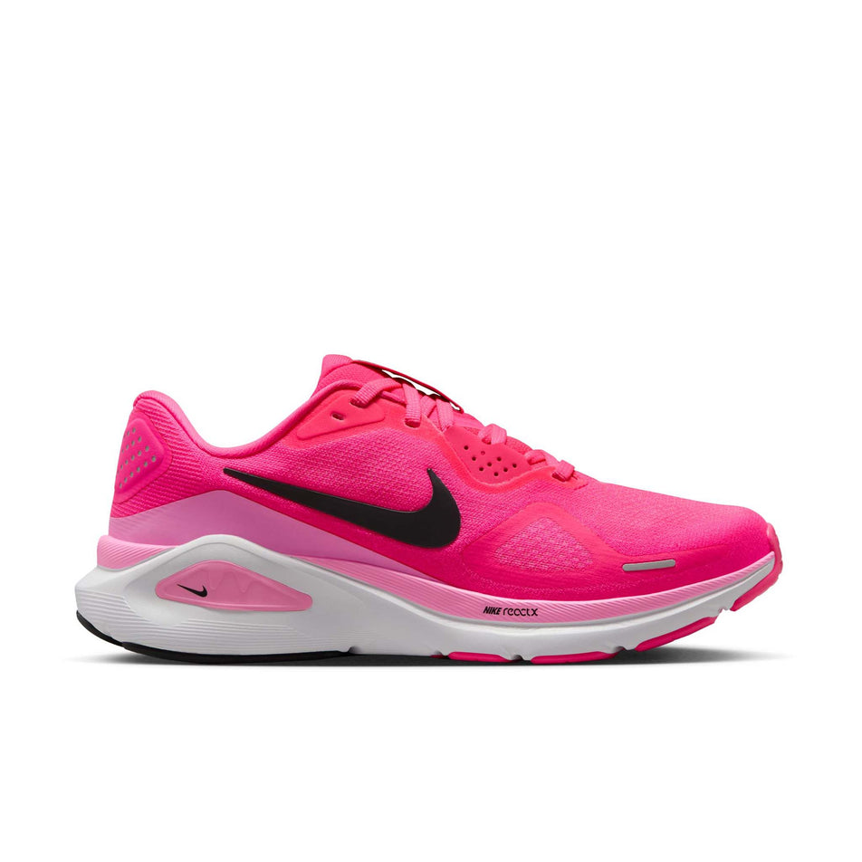 Lateral view of the right shoe from a pair of Nike Women's Structure 26 Road Running Shoes in the Hyper Pink/Black-Pink Spell-White colourway. (8686794997922)