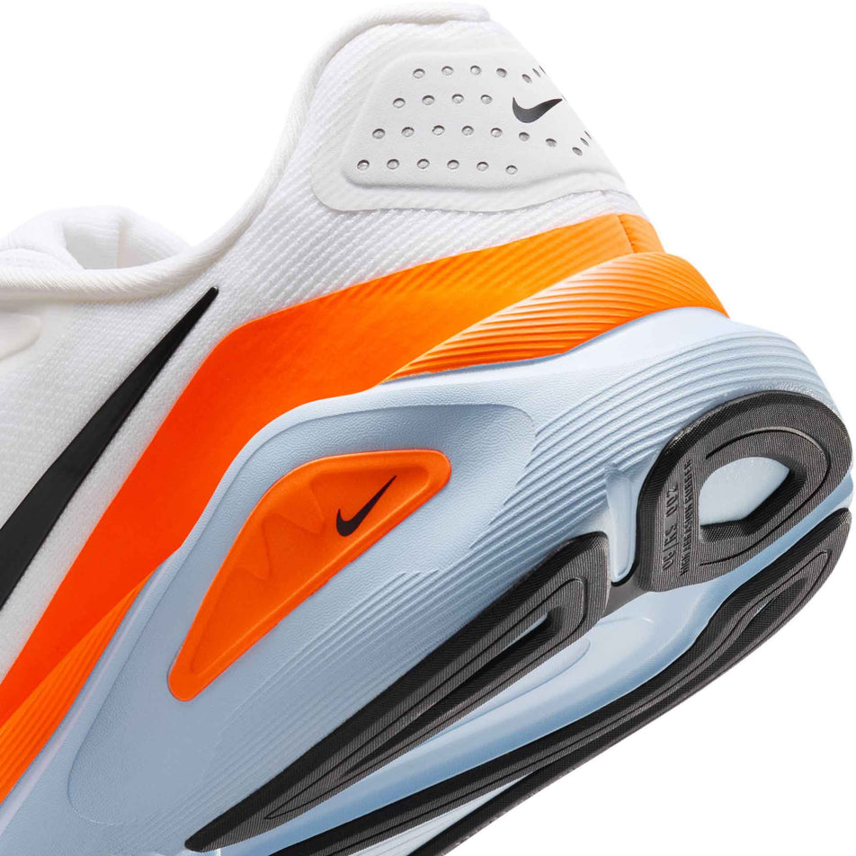 Close-up view of the rearfoot section of the left shoe from a pair of Nike Men's Structure 26 Road Running Shoes in the White/Black-Hydrogen Blue-Total Orange colourway.
