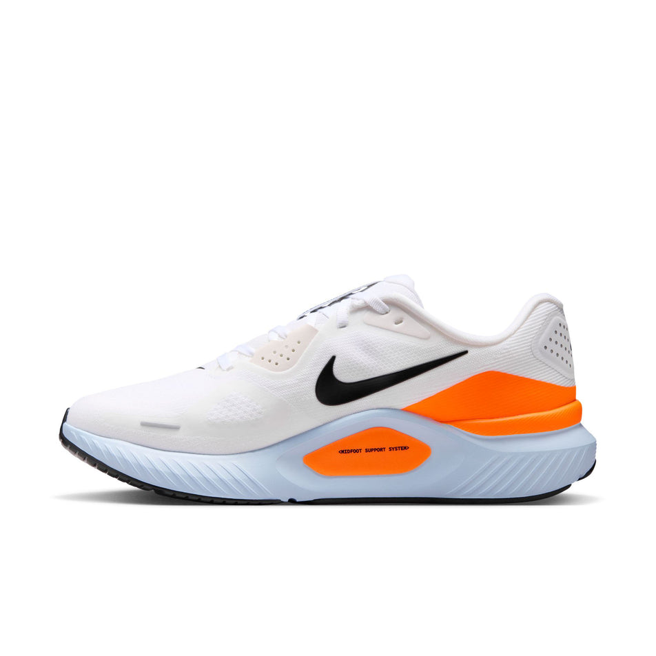 Medial view of the right shoe from a pair of Nike Men's Structure 26 Road Running Shoes in the White/Black-Hydrogen Blue-Total Orange colourway.