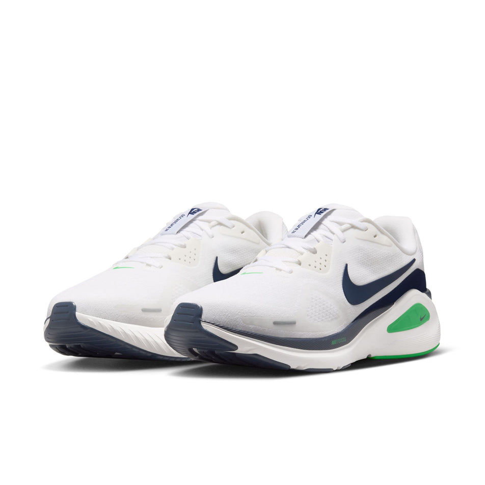 A pair of Nike Men's Structure 26 Road Running Shoes in the White/Midnight Navy-Green Spark colourway.