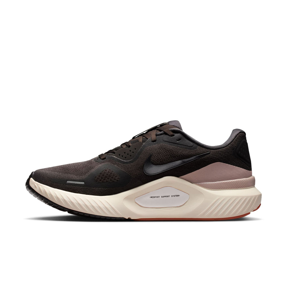 Medial view of the left shoe from a pair of Nike Men's Structure 26 Road Running Shoes in the Medium Ash/Black-College Grey colourway. (8754904891554)