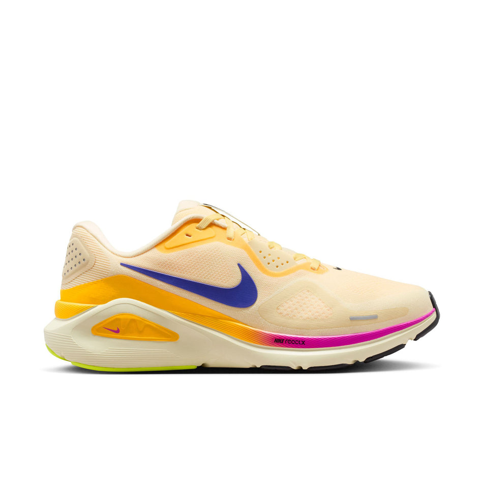 Lateral view of the right shoe from a pair of Nike Men's Structure 26 Road Running Shoes in the Alabaster/Indigo Burst-Hyper Violet colourway.